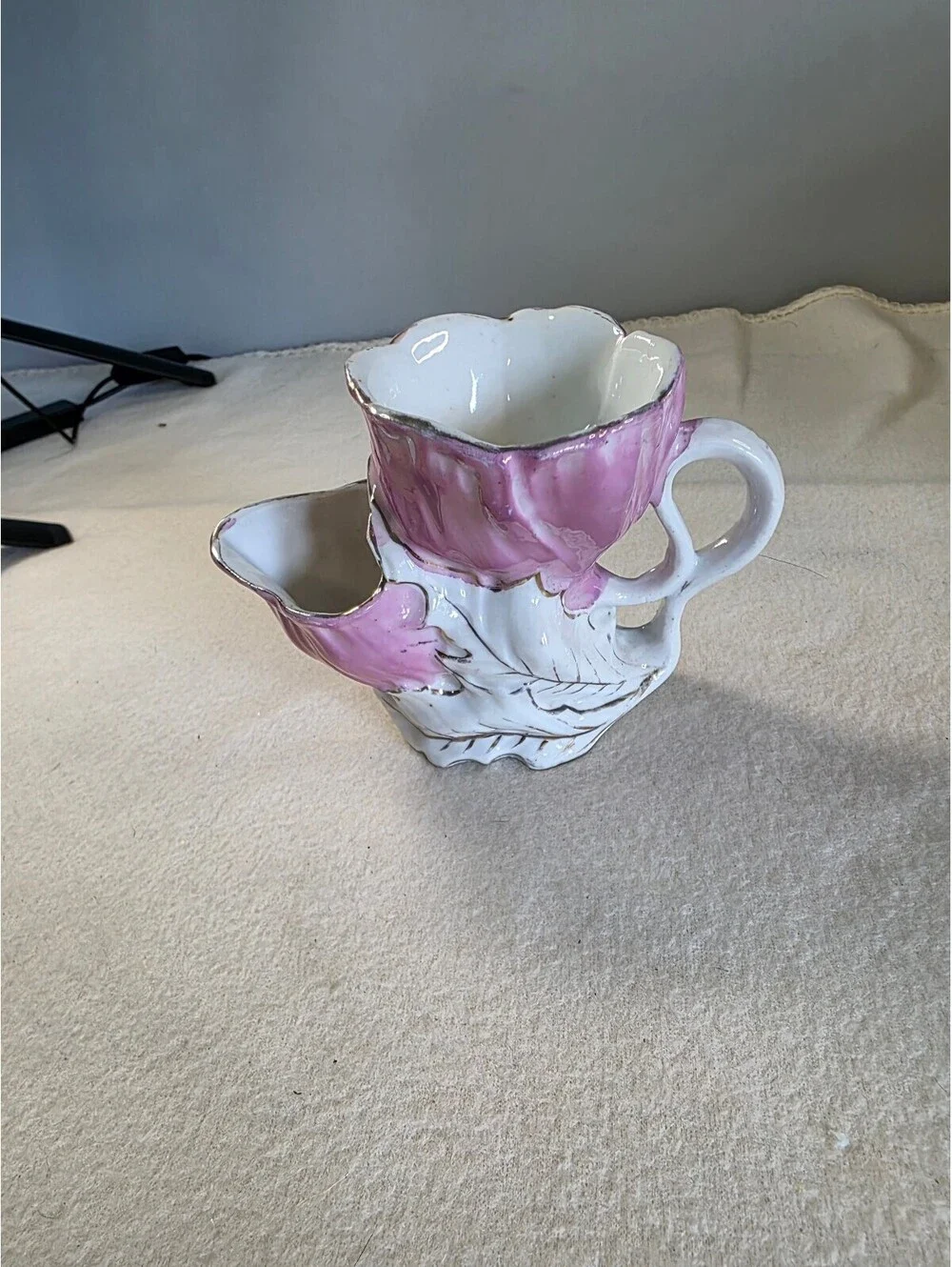 Vintage Porcelain Shaving Scuttle Mug Pink Floral Gold Trim Unmarked